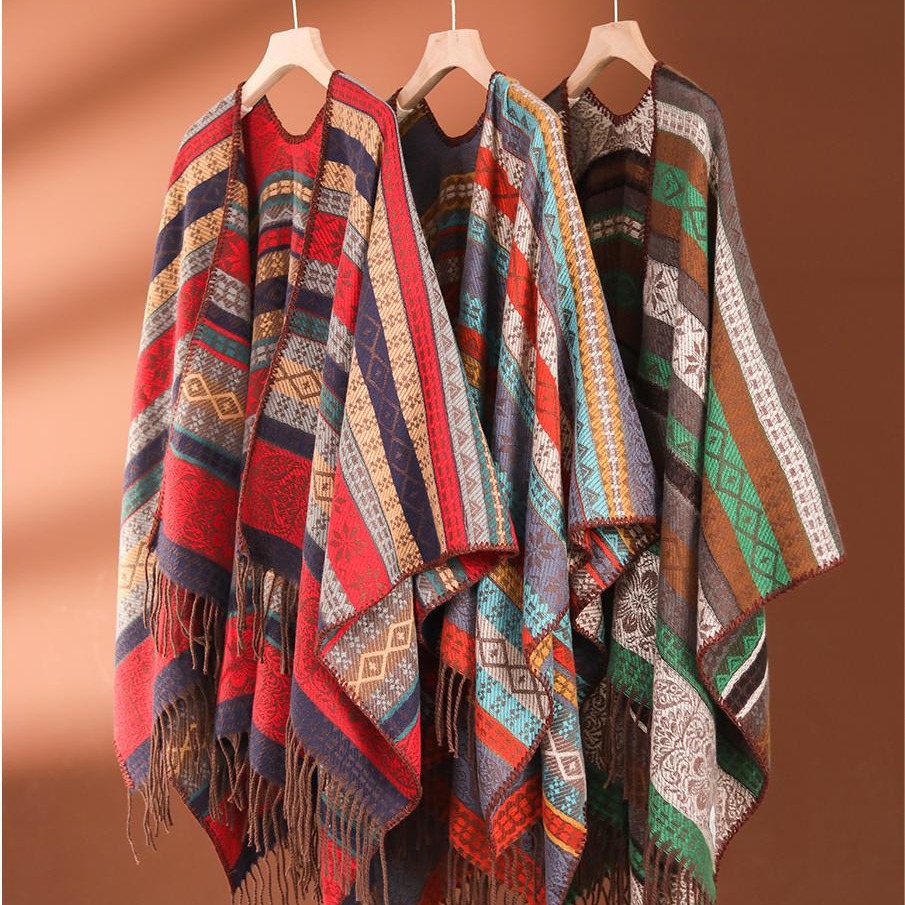 Ethnic color blocking patchwork tassel shawl contrasting stripes travel style outdoor soft blanket scarf_voghion.com