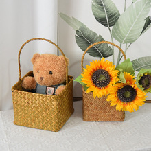 跨境藤编手提花篮草编竹编编织篮子手工插花篮水草小花篮植物篮子