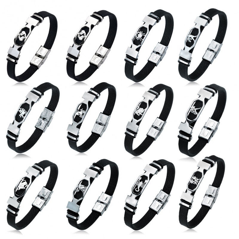 12 constellation stainless steel leather men's bracelet black fashion European and American cross-border AliExpress shopee hair generation bracelet 12 constellation stainless steel leather men's bracelet black fashion European and American cross-border AliExpress shopee hair generation bracelet
