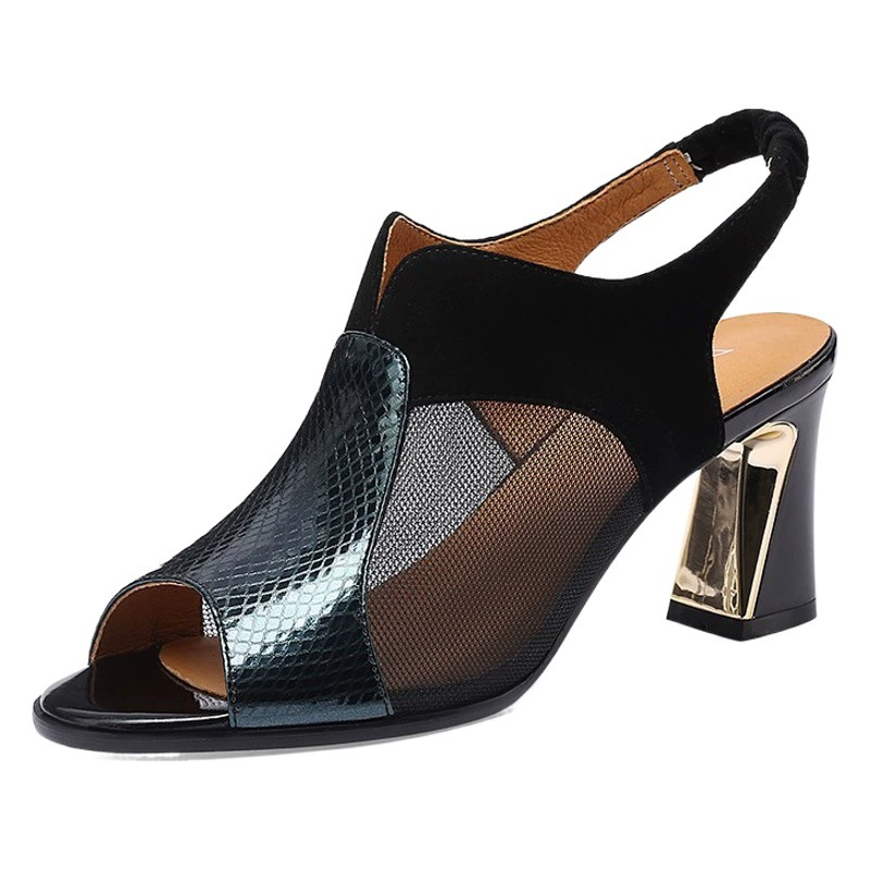 Женские сандалии, Новинка лета 2022, Женская дышащая обувь из лакированной кожи на толстом каблуке с полой сеткой, женская обувь на высоком каблуке, женская обувь с рыбьим носком