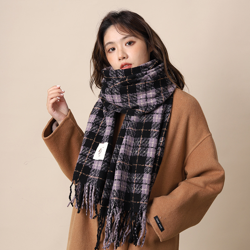 Geruite sjaal dames 2024 nieuwe violette warme sjaal, herfst wintersfeer, hoogwaardig en veelzijdig_voghion.com