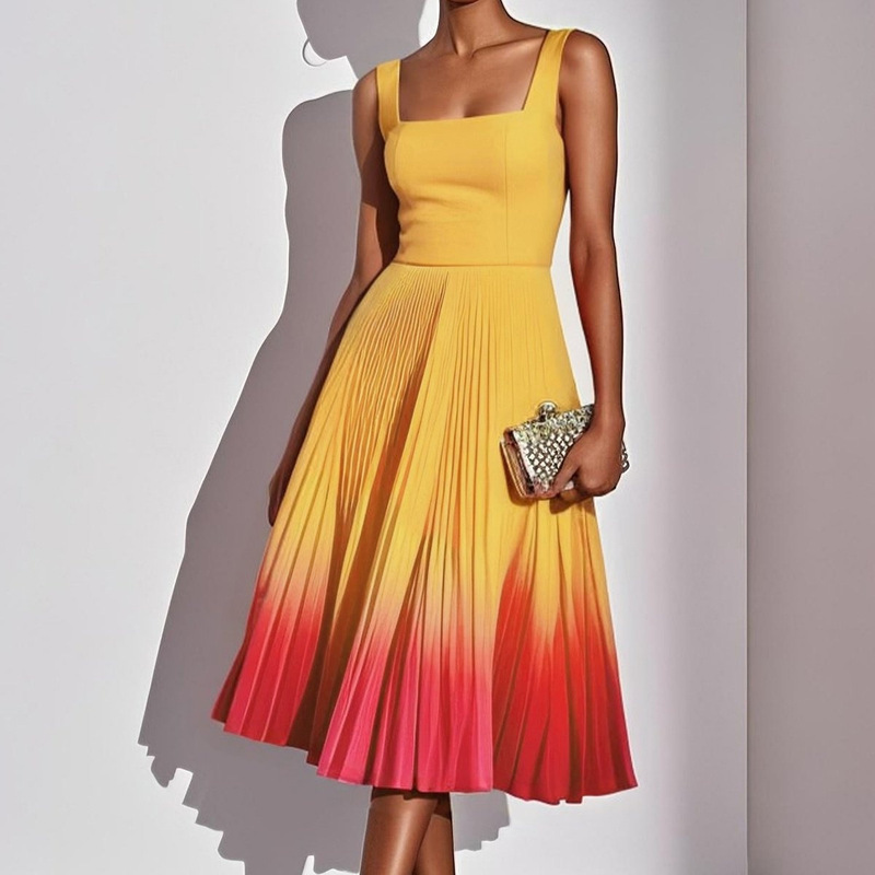 2026 Amazon Summer New Style Sleeveless Square Neck Gradient Ruffle Mid-Length Skirt High Waist A-Line Skirt