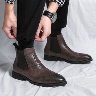 Vintage Chelsea Boots Men's British Style Martin Boots Men's High Top Casual Men's Business Leather Shoes Leather Pointed Toe Short Boots