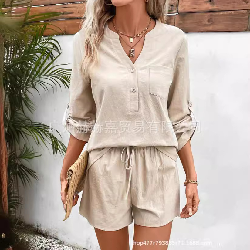 Independent station cross-border 2024 Summer European and American new cotton and linen women's clothing fashion casual suit women's loose two-piece set women's