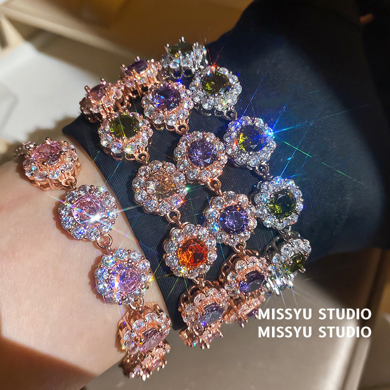 Monet Garden Rose Gold Colored Zircon Round Bracelet, Light Luxury Niche Fashion Bracelet, Sweet Dopamine Jewelry