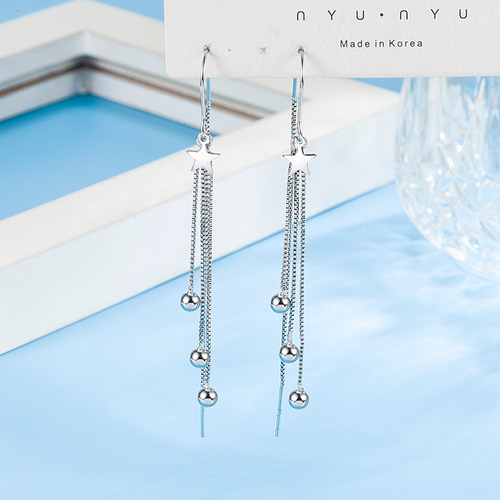 Elegant and fashionable five-pointed star light beads tassel ear hook ear wire female small star earrings temperament anti-lost bean tassel earrings