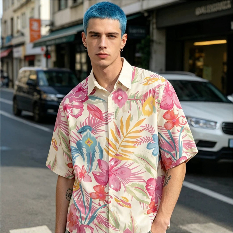 Light blue tropical hibiscus flower and palm leaf print men's loose-fitting collared short-sleeve Hawaiian casual shirt Light blue tropical hibiscus flower and palm leaf print men's loose-fitting collared short-sleeve Hawaiian casual shirt