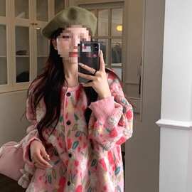 胖感超好看慵懒风毛衣女秋冬新款大码甜美花朵粉色针织外套