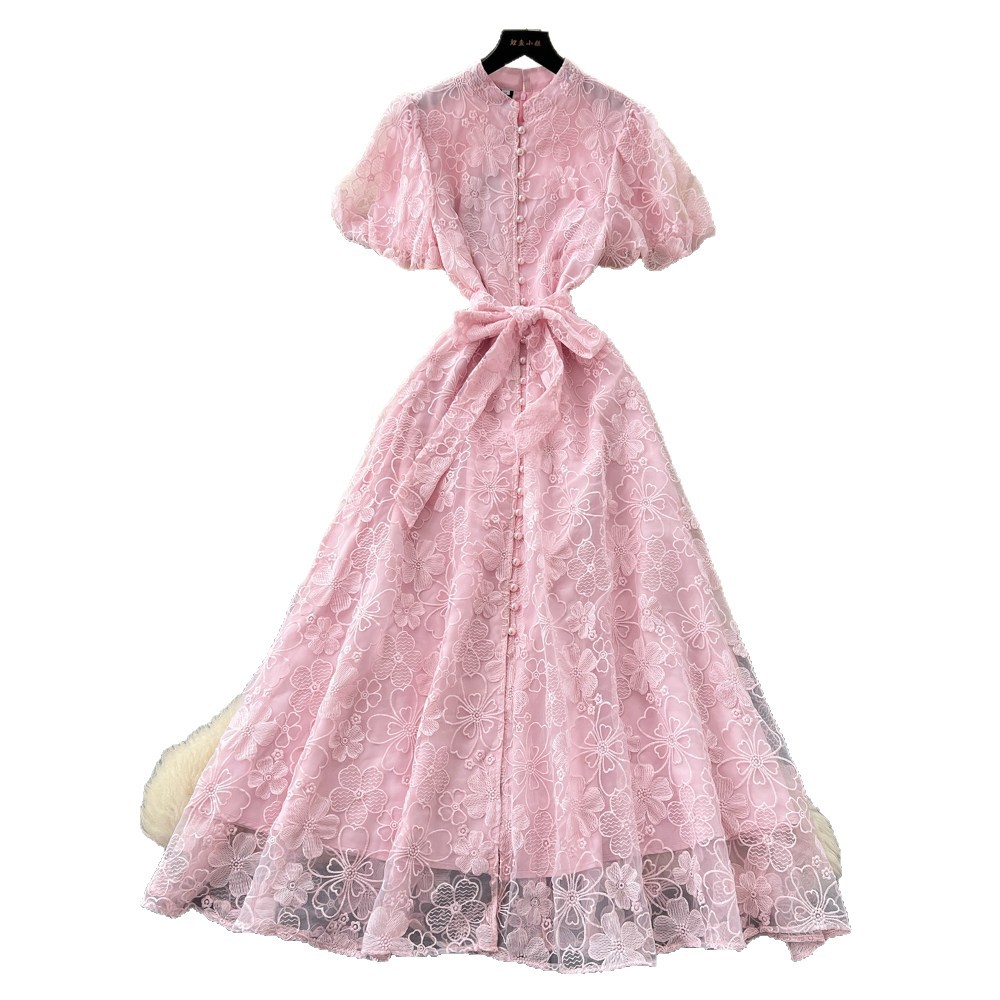 Elegant Lace Embroidered Dress for Women High-Waisted A-Line Skirt Summer Suitable for Commuting And Banquets_ecoleips.com