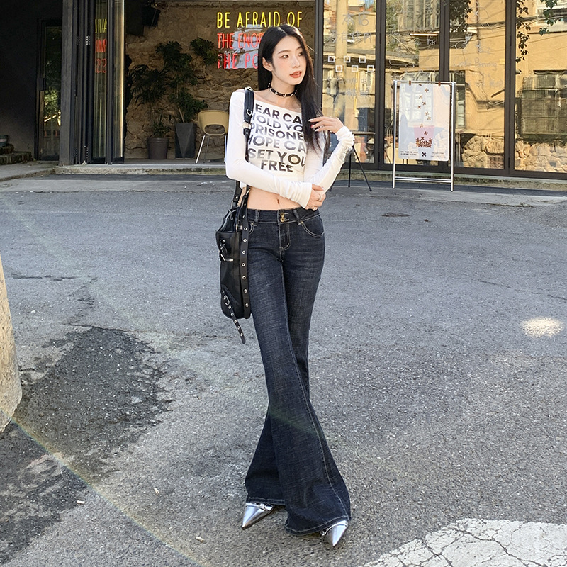 아메리칸 스타일 매운 청바지 여성의 가을 2024 새로운 낮은 허리 좁은 슬림 핏 슬림 올 매치 매운 바지