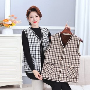 Vest Women's autumn and winter short middle-aged and elderly western style plaid vest Chanel style fashion sleeveless coat for middle-aged moms