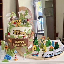 网红森系动物园蛋糕装饰摆件木质电动轨道小火车儿童生日甜品装扮
