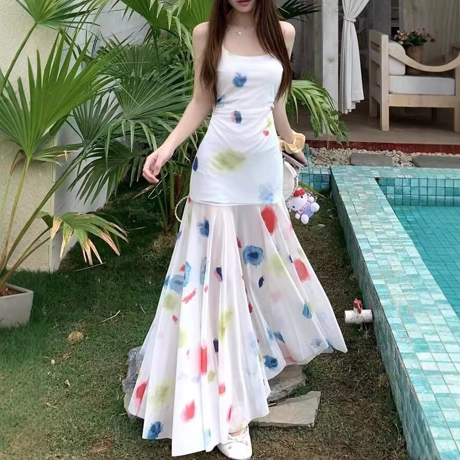 Французская элегантная сексуальная раскрашенная подтяжка платье женская весна лето новая мода дизайн чувство отдыха чистый стиль