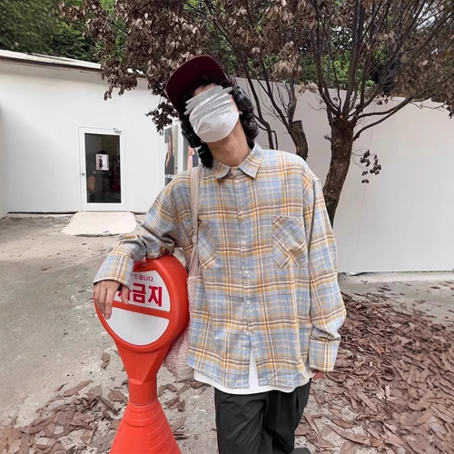 Vintage Checkered Long-Sleeve Shirt, Hong Kong Style Loose Collar Shirt, Couple Summer Trendy Versatile Casual Top Outerwear