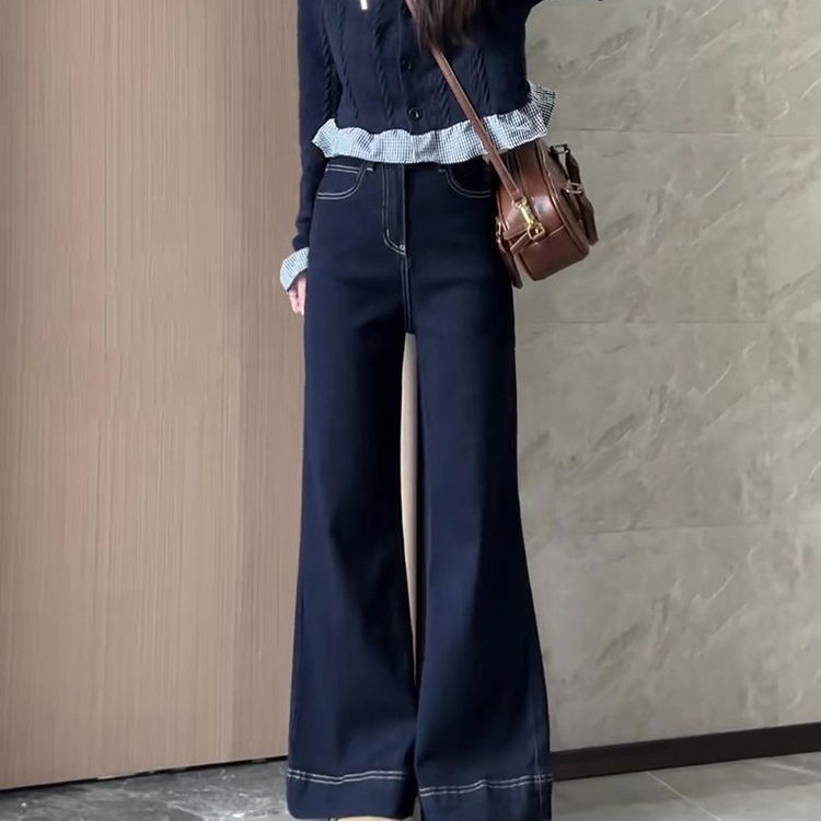 丹宁蓝阔腿牛仔裤女秋冬2025新款小个子高腰宽松显瘦加绒直筒裤子|undefined