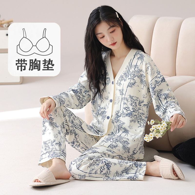 봄과 가을 국가 스타일 새로운 스타일의 기모노 파자마 가슴 패드 여성용 긴팔 바지 세트 V 넥 카디건 홈 옷