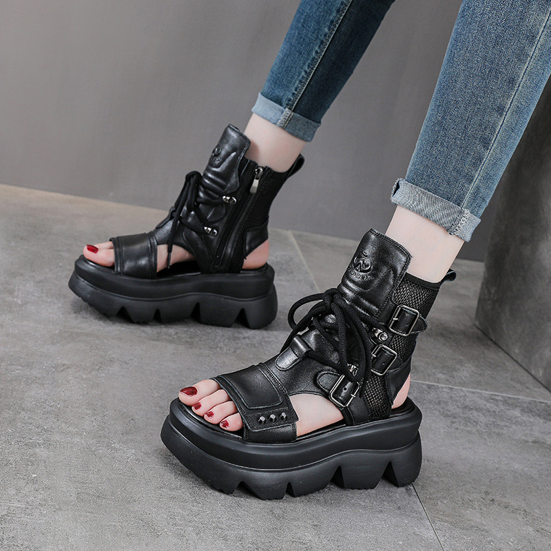 Dép sandal nữ hở mũi cổ điển da thật đế dày — màu be