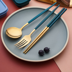 Korean Stainless Steel Convenient Utensil Set Outdoor Camping Portable Tool Travel Portugal Chopsticks, Spoons, and Forks Three-Piece Set