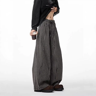 美式松弛感竖条纹休闲裤男女春季慵懒风垂感直筒裤弯刀阔腿拖地裤