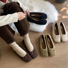 平底方头蝴蝶结毛呢单鞋女2025秋冬新款棉鞋加绒奶奶鞋韩版毛毛鞋