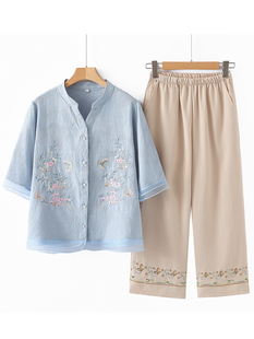 Mom's Summer Suit, Middle-Aged and Elderly Women's Fashionable Cotton and Linen Embroidered Shirt Tops, Women's Summer Clothes