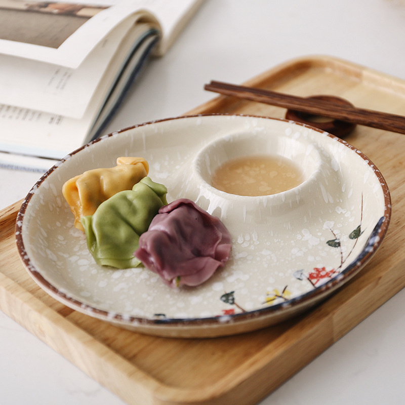 饺子盘水盘子家用陶瓷带醋碟创意饺母菜盘寿司薯条虾