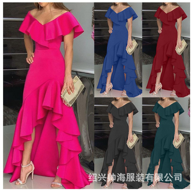European and American New Long Dress Commuter Solid Color dress Middle Waist Hem Solid Color Casual Women's Long Dress Amazon