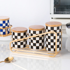 棋盤格密封缶五穀雑穀厨房収納食品級陶磁器缶箱間食乾燥品茶葉貯蔵缶