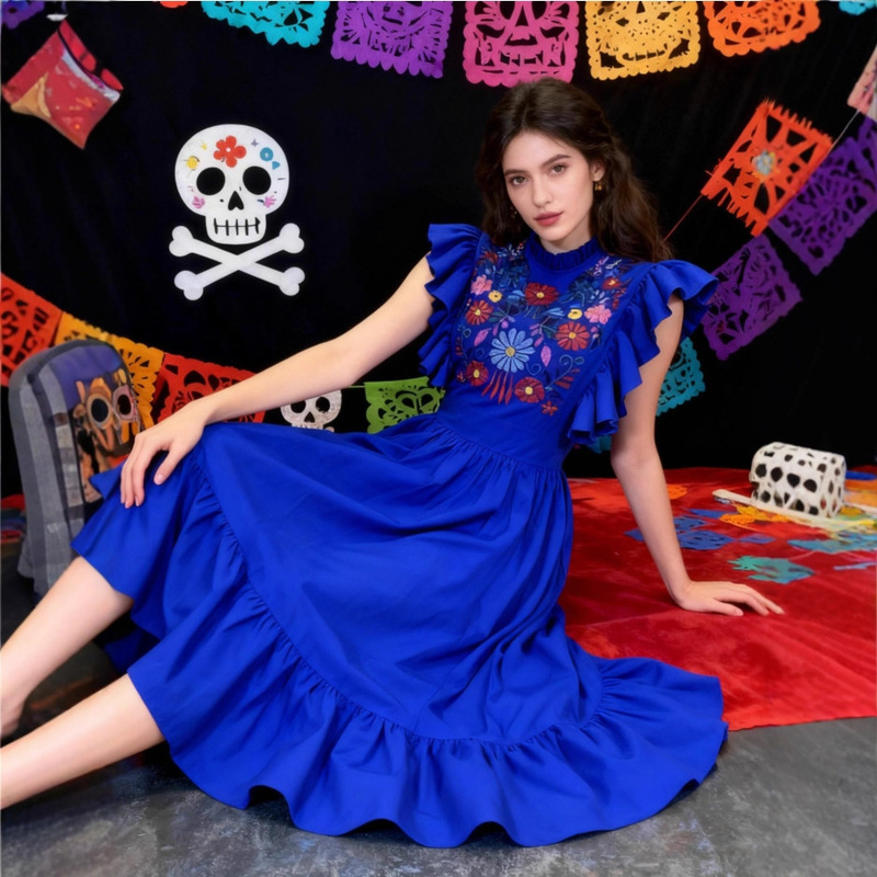 European and American Cross-Border Women's Clothing Mexican Ethnic Style Embroidered Lotus Leaf Sleeve Dress Retro Holiday Style Party Dress