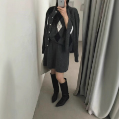 休闲学院风菱形格纹毛衣三件套2025秋韩版新款修身百搭针织衫套装