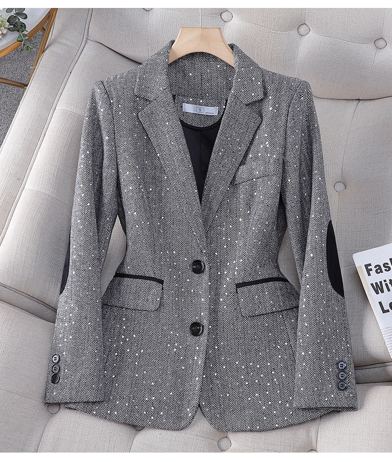 Damenbekleidung Paillettenbesetzter Frühlings- und Herbstjackenanzug für Damen mit Hahnentrittmuster, kleines Anzugoberteil für Damen, trendige Kontrastfarbe für Damen_voghion.com