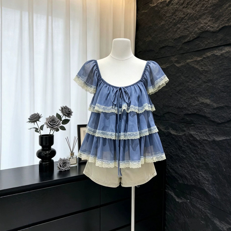 Ruoxin Atmosphere Ruffled Lace Layered Patchwork Blouse for Women, Summer 2026 New Square Neck Pullover Top