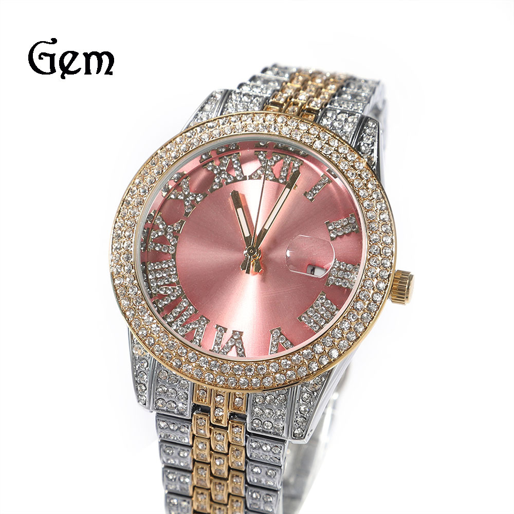 Cross-border New Fashion Couple Watch Hip-hop Full Diamond Pink Round Large Dial Waterproof Men's Quartz Watch