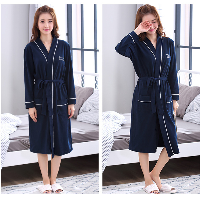 Primavera y otoño pareja camisón de manga larga 100% algodón puro simple color sólido chica cómoda suelta de los hombres de mediana longitud Pijamas