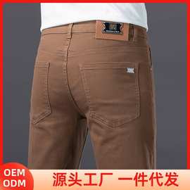 欧货高端潮牌深咖色牛仔裤男春夏新款修身小脚弹力时尚休闲男裤子