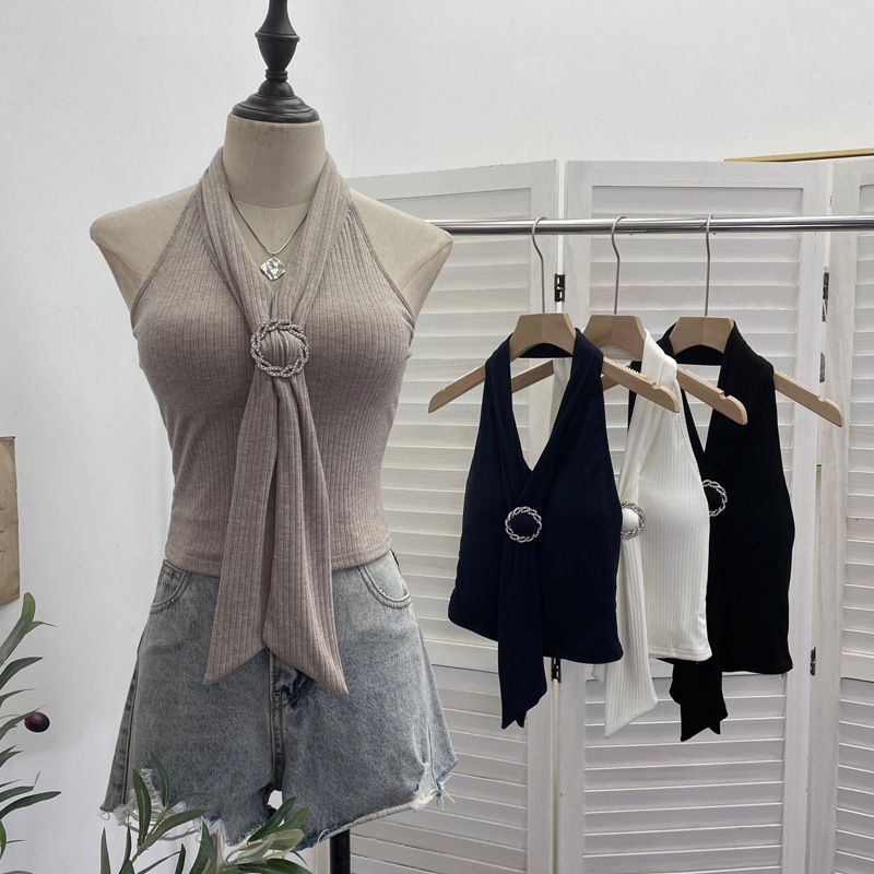 Real Shot of Women's Short Knitted Slim Sleeveless Top with Breast Pads, Halter Straps, Metal Buckle Camisole 9293 Real Shot of Women's Short Knitted Slim Sleeveless Top with Breast Pads, Halter Straps, Metal Buckle Camisole 9293