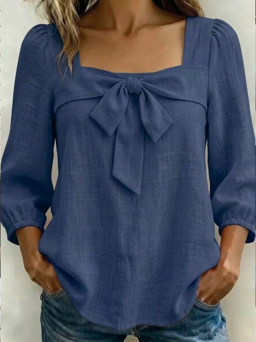 Women's Clothing Women's Style Square Neck Blouse Bow Tie Top Puff Sleeves Three Quarter Length Elegant Outfit_ecoleips.com