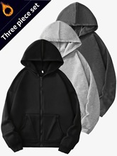 女士3件套抓绒内衬连帽衫套装 - 秋冬季休闲拉链长袖卫衣，带落肩