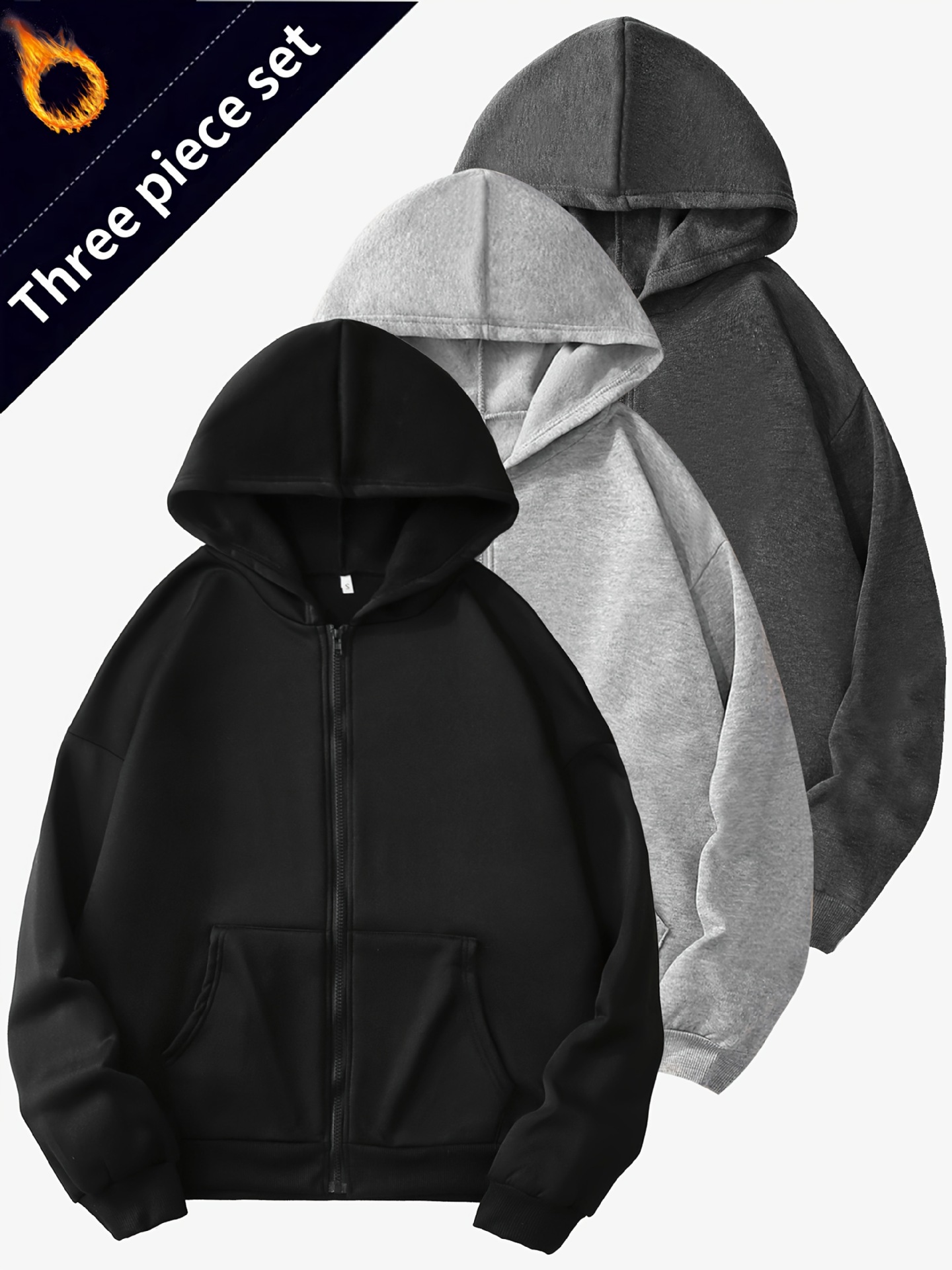 女士3件套抓绒内衬连帽衫套装 - 秋冬季休闲拉链长袖卫衣，带落肩