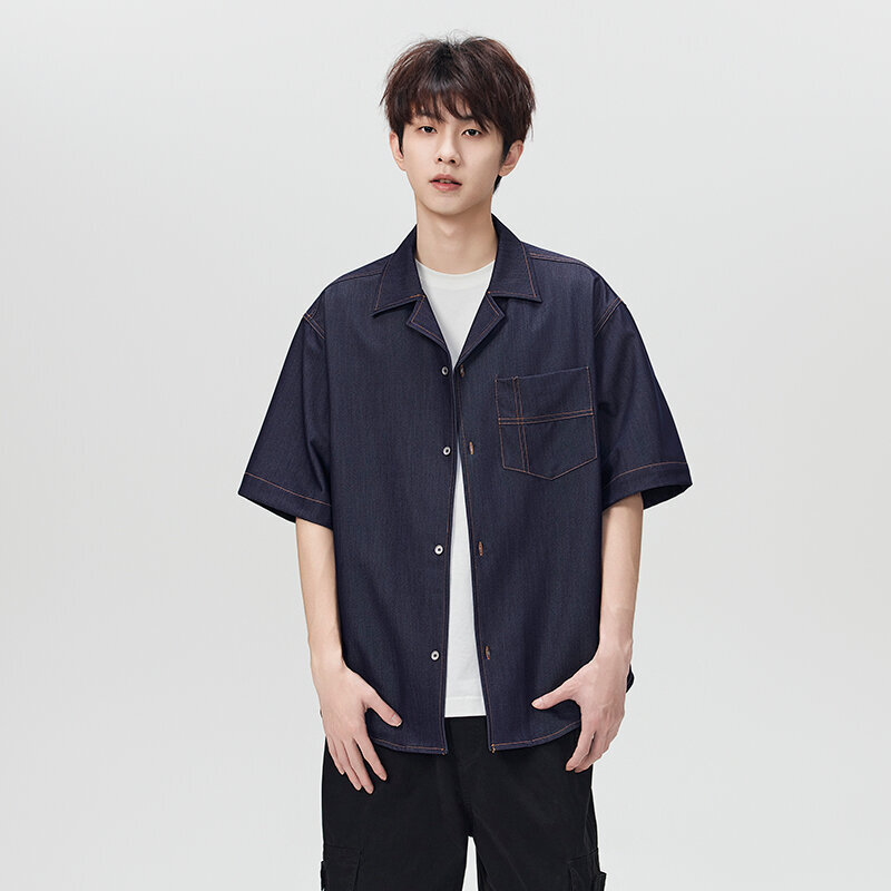 Nieuwe collectie zomer 2026: Japans retro denim overhemd met korte mouwen voor heren, casual en stijlvol, met Cubaanse kraag._voghion.com