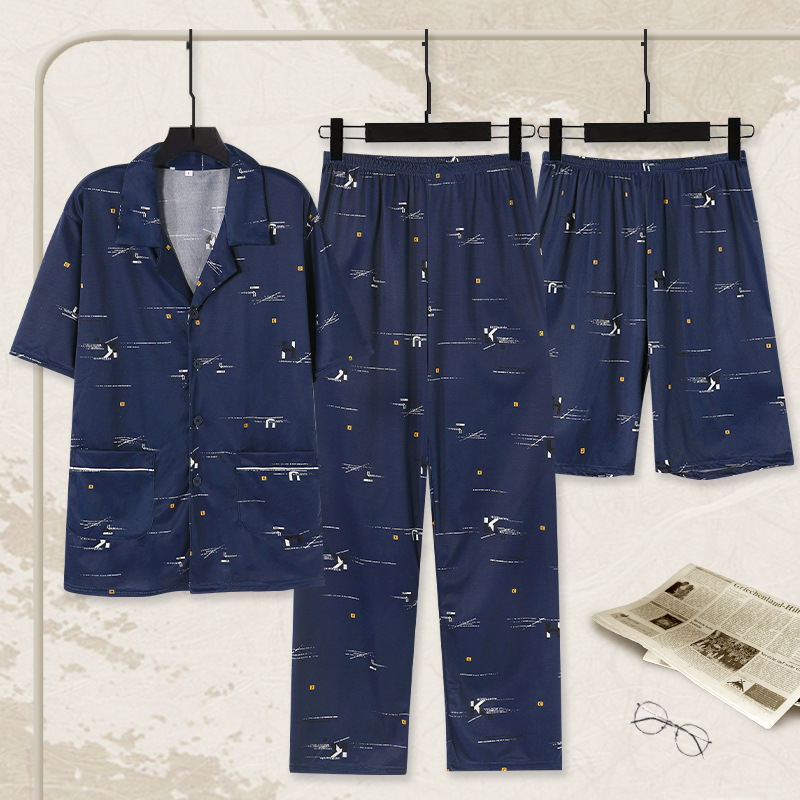 Pijamas 100% algodón de los hombres de verano Pantalones cortos de manga corta de los hombres delgados verano más tamaño homewear traje de tres piezas