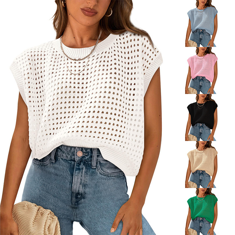 Cross Border Beach Blouse Spring Top Crochet Cap Sleeve Sweater Pullover Blue Crochet
