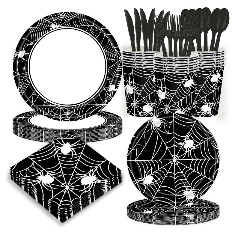 New Halloween Black Spider Web Party Tableware Set Children's Disposable Paper Plate Tissue Fork Holiday Arrangement New Halloween Black Spider Web Party Tableware Set Children's Disposable Paper Plate Tissue Fork Holiday Arrangement