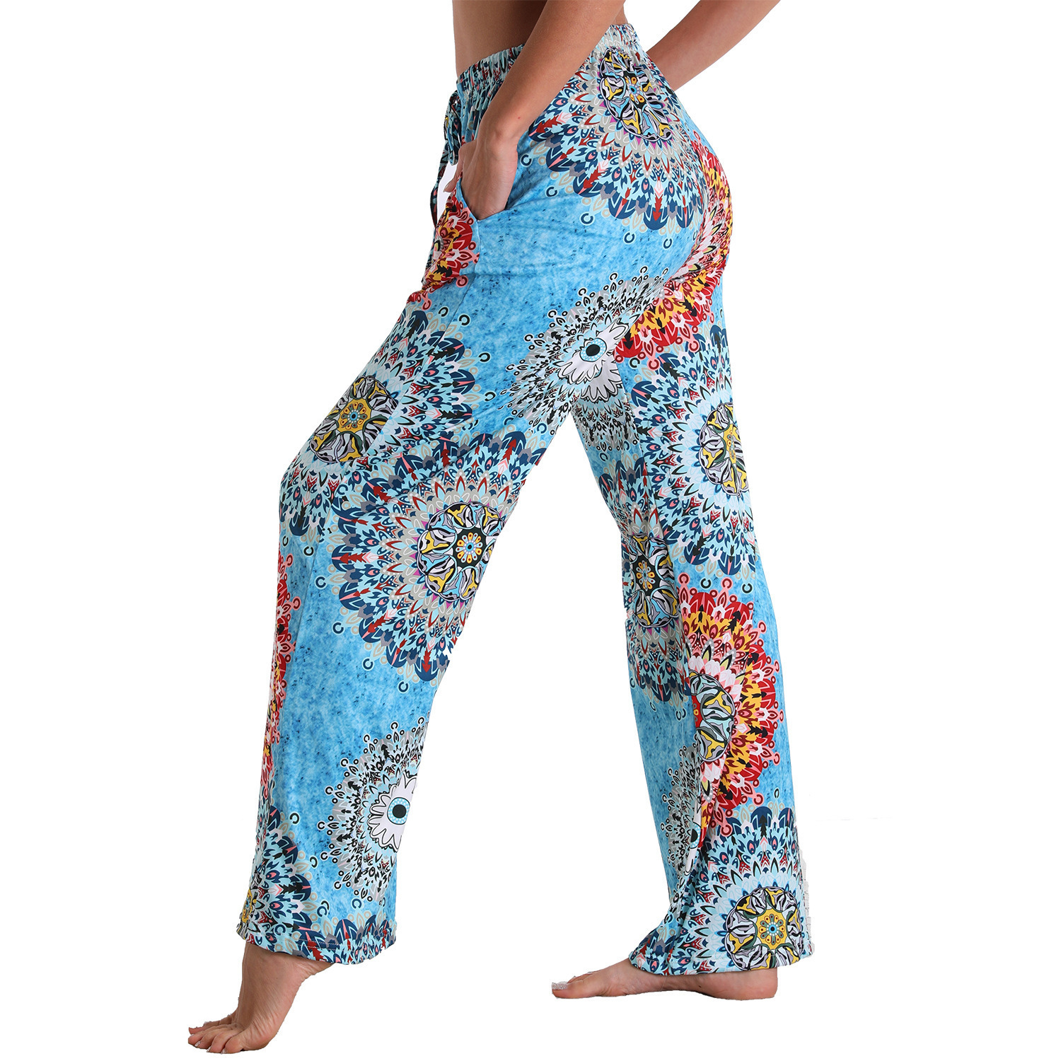 Spot TUME venta caliente 2025 pantalones casuales de comercio exterior europeo y americano estampado elástico pantalones de pijama sueltos rectos ropa de hogar mujeres