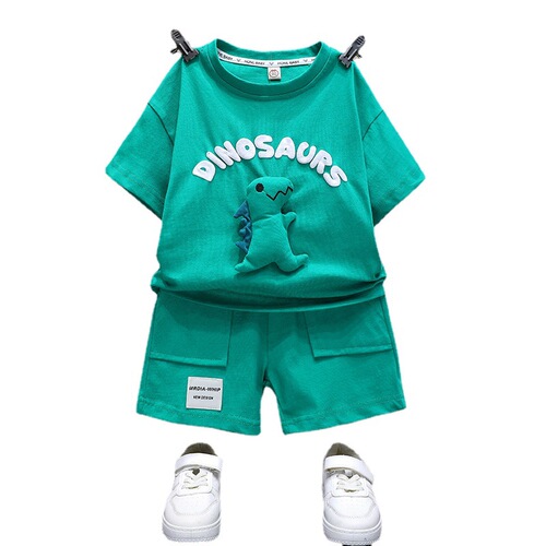 Summer Thin Set Children's Clothing for Young Boys - 3D Dinosaur T-Shirt and 5/8 Pants Two-Piece Set