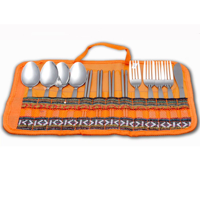 Stainless steel tableware suit outdoor camping 4-person knife, fork, spoon chopsticks picnic barbecue supplies storage bag storage bag