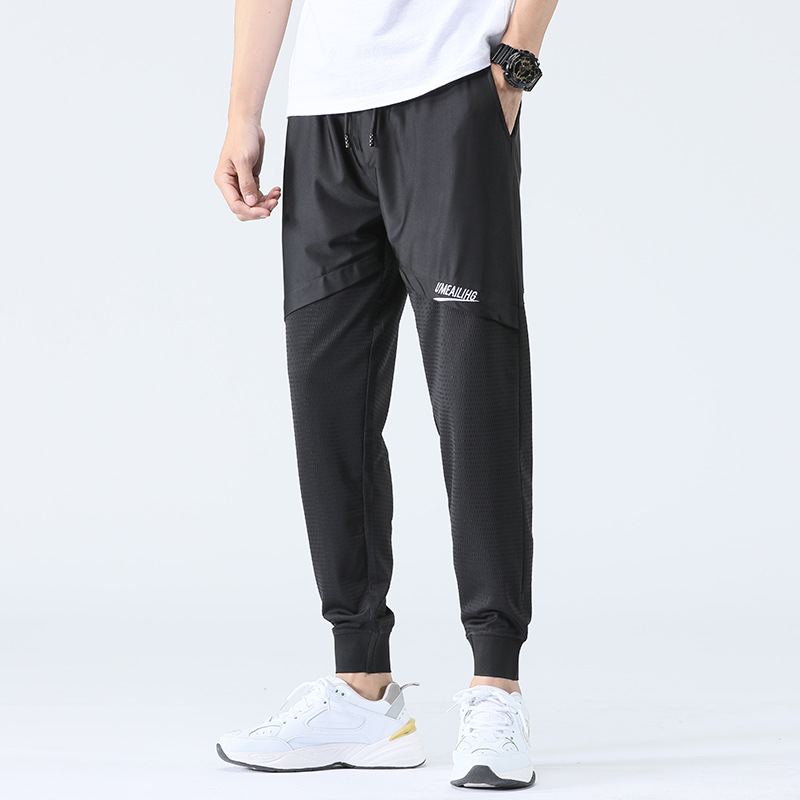 Camisa menos ropa de verano de seda de hielo de malla delgada pantalones casuales de los hombres de aire acondicionado harén atados al tobillo gris deportes pantalones cortos