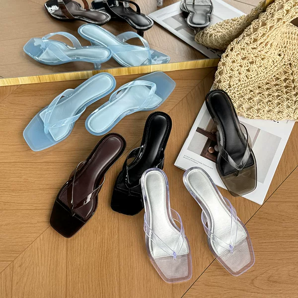 Cross-Border Thong-Toe Square-Toe Crystal Flip-Flops, Kitten Heel Outdoor Slippers, Slip-On Sandals, Low-Heel Jelly Shoes