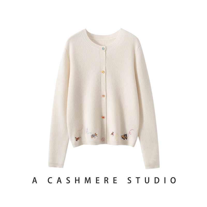 100% Pure Cashmere Autumn and Winter New Style Hook Pattern Knitted Cardigan Round Neck Single-Breasted Women's Long-Sleeved Jacket Embroidered Top