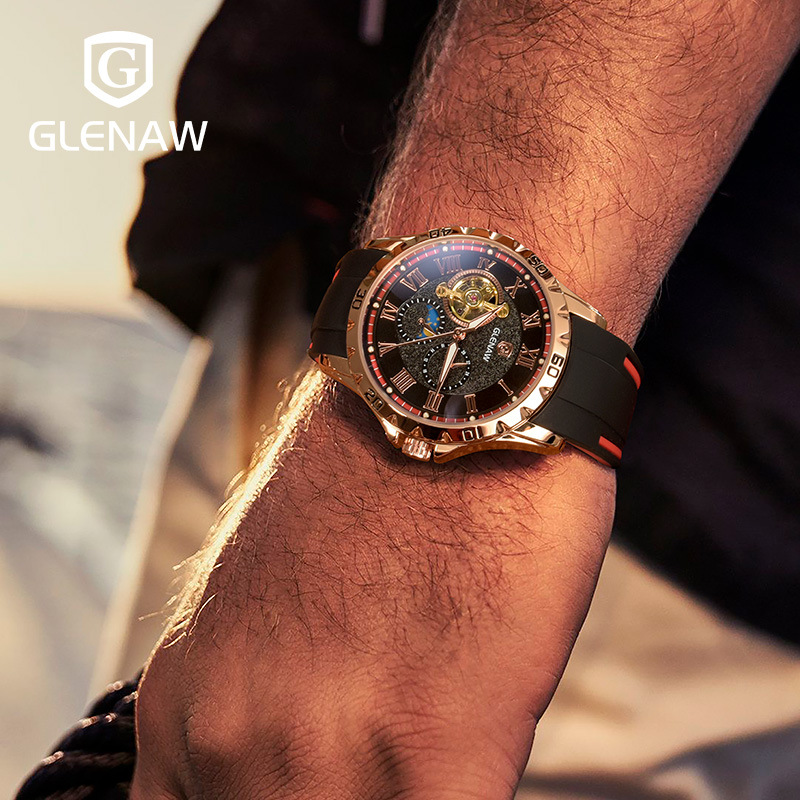Đồng hồ nam automatic lộ máy, chống nước, dây thép không gỉ — Băng keo hình tròn đỏ vỏ hoa hồng, Băng keo vòng xanh vỏ hoa hồng, Băng keo vòng xanh vỏ đen, Băng keo đỏ vỏ Bạc